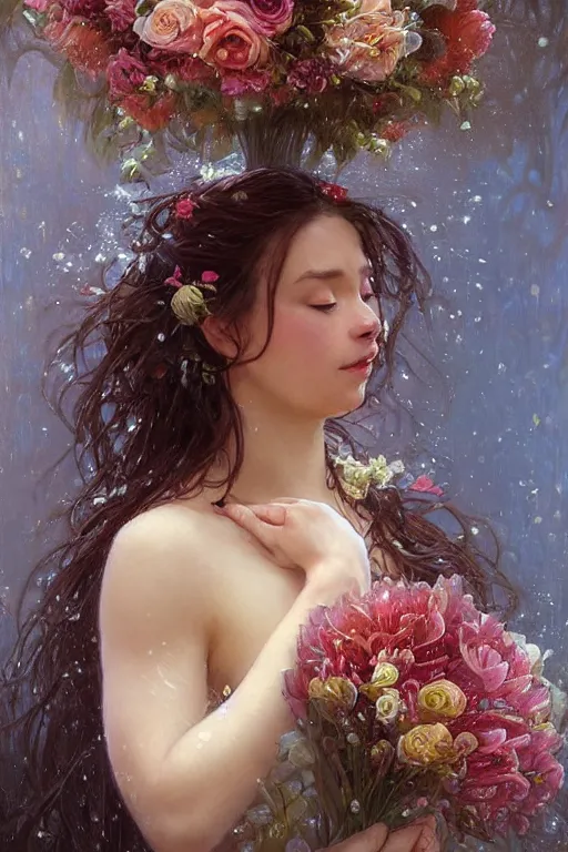 Image similar to portrait of a beautiful mysterious woman holding a large bouquet of flowing flowers, wet dripping long hair, hands disappeared under the bouquet, emerging from the water, fantasy, regal, intricate, by stanley artgerm lau, greg rutkowski, thomas kindkade, alphonse mucha, loish, norman rockwell