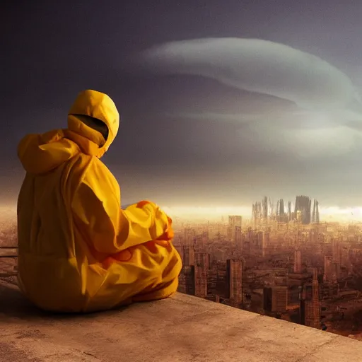 Image similar to a beautiful award-winning photo of the last man on Earth wearing a hazmat suit, sitting and depressed, serene post-nuclear background, a huge nuclear cloud, a mirage of a skyline of a destroyed city, numerous fires, volumetric lighting, haze, very high quality, extremely detailed, subtle visual noise, 8K