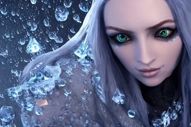 Image similar to HD render of Malevolent Ice Queen with ice droplets on forehead in the style of Artstation, Unreal Engine, photorealistic, reflective