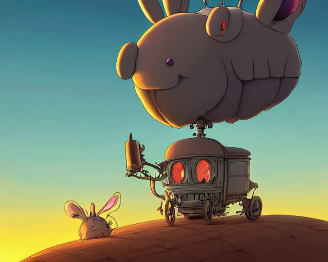 Prompt: a cell shaded cartoon giant grey lovecraftian mechanized rabbit from howl's moving castle ( 2 0 0 4 ), with a big head, on a desert road, wide shot, sunset, golden hour, muted colors, post grunge, josan gonzales, wlop, by james jean, victor ngai, hq, deviantart, art by artgem