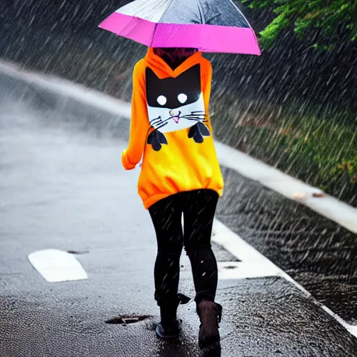 Prompt: a cute anime cyborg - girl wearing a cat hoodie walking in the rain