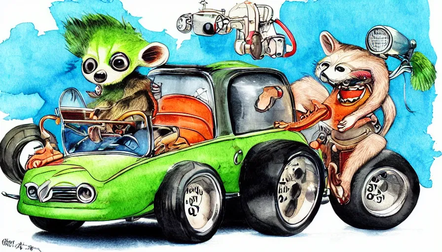 Image similar to cute and funny, racoon riding in a tiny hot rod coupe with oversized engine, ratfink style by ed roth, centered award winning watercolor pen illustration, by chihiro iwasaki, edited by range murata