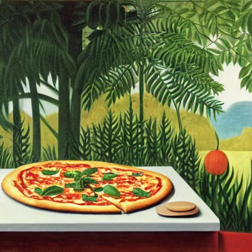 Image similar to A magaritha pizza on a marble table in a garden by Henri Rousseau