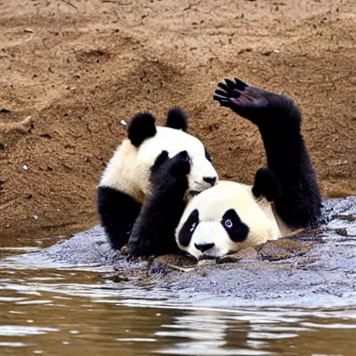 Prompt: pandas swimming in the muddy gangies river