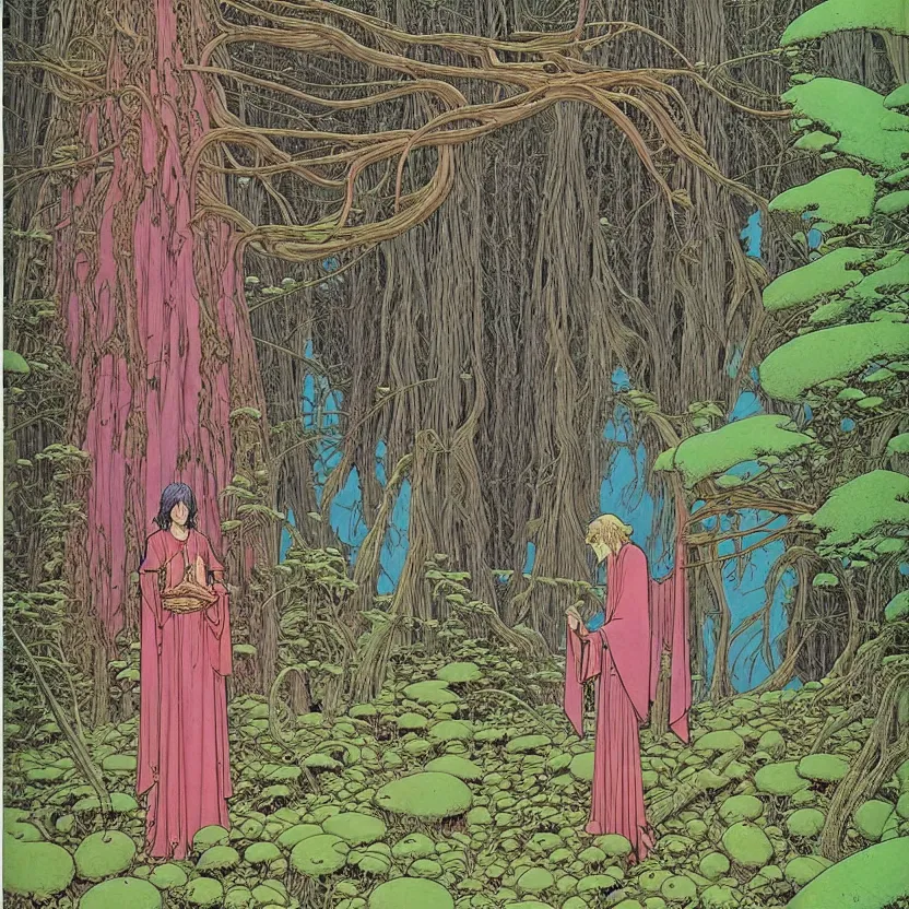 Image similar to ( ( ( ( ( sacred ancient ruins and guardian creatures in the forest ) ) ) ) ) by mœbius!!!!!!!!!!!!!!!!!!!!!!!!!!!, overdetailed art, colorful, record jacket