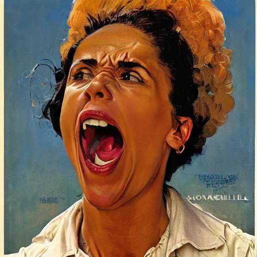 Prompt: head and shoulders portrait of brown woman, fierce, shouting, snarling, fully clothed, three quarter profile, norman rockwell, jacob collins, tom lovell, frank schoonover