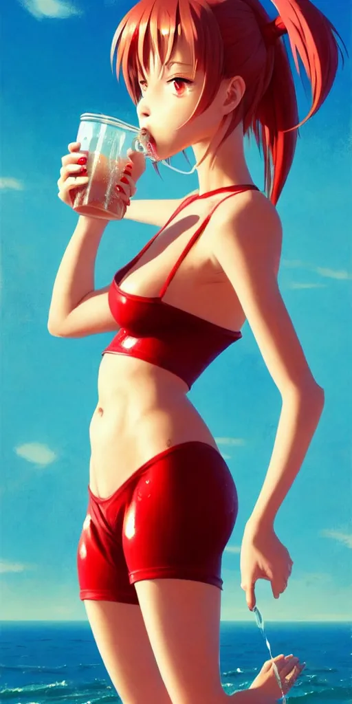 Image similar to full body picture of a girl drinking a coke, highly detailed face, very thirsty, dripping on the body, sharp focus, shiny day beach, extremely beautiful and cute and aesthetic face and body, specular reflection, occlusion shadow, trending on artstation, epic light novel cover art, art by ilya kuvshinov and sakimichan and jeremy lipking