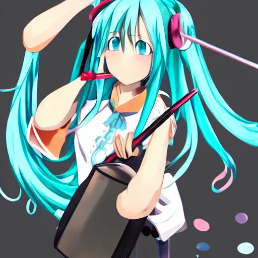 Prompt: hatsune miku with with a ladle in hands cooking food, high quality anime art, cute art, trending on pixiv