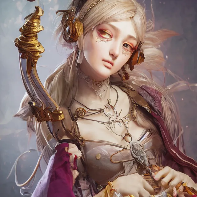 Prompt: studio portrait of neutral good colorful female cleric bard healer as absurdly beautiful, elegant, young gravure idol, ultrafine hyperrealistic detailed face illustration by kim jung gi, irakli nadar, intricate linework, sharp focus, bright colors, matte, octopath traveler, final fantasy, unreal engine highly rendered, global illumination, radiant light, intricate environment