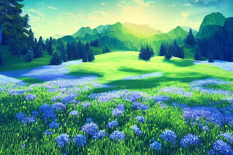 Prompt: mountain landscape in summer, flowers, trees, blue landscape, dreamy light, sunny, floating particles, complementary palette, by and jacek yerga and jesse king, pop surrealist, wiccan, unreal engine, bokeh, detailed