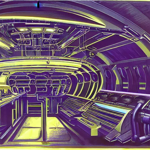 Prompt: painting of a syd mead scifi ancient civilzation interior engine room, purple sun, hr giger
