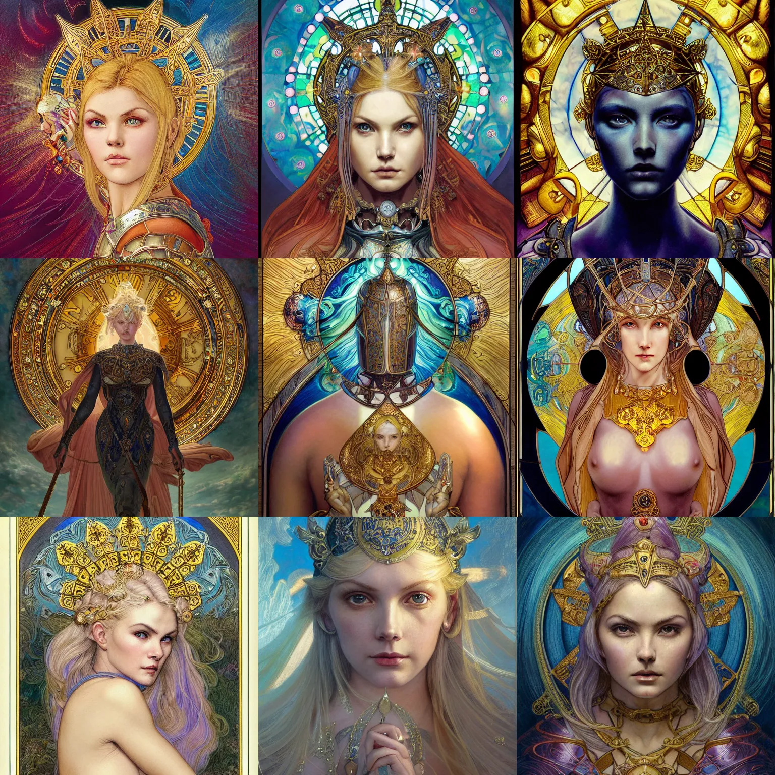 Prompt: masterpiece head-on symmetrical centered portrait, Elisha Cuthbert as a paladin, blonde hair, prismatic golden halo around her head, ornate iron armour, elegant, distant, stained glass tarot style, in the style of Edgar Maxence and Ross Tran and Zdzisław Beksiński and Michael Whelan and Mucha and Gustave Doré, specular highlights, 8k, octane render