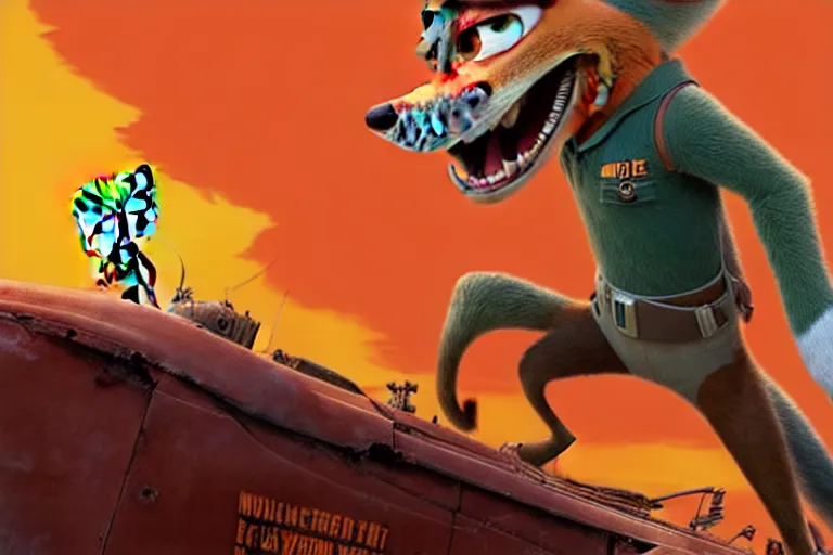 Image similar to nick wilde ( from zootopia ), heavily armed and armored facing down armageddon in a dark and gritty reboot from the makers of mad max : fury road : witness me