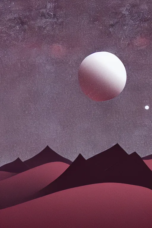 Prompt: geometric 3 d render, dark color palate, mountains with a crescent moon stars