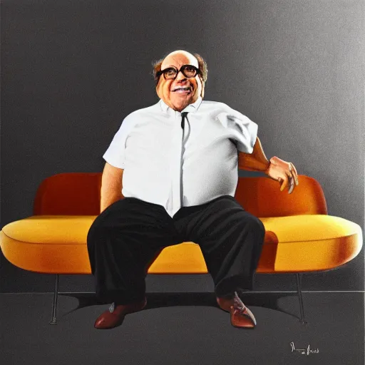 Prompt: danny devito gifting you a modern 6 0 s style designed chair, eggshell color, renaissance still life painting, masterpiece, realistic light and shadow, trending on artstation, highly detailed, photorealism