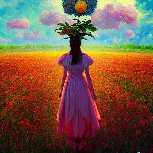 Image similar to girl with giant flower as a face, surreal photography, dream, dress made from the flower field she walks through, hills, big trees, sunrise dramatic light, impressionist painting, colorful clouds, digital painting, pointillism, artstation, simon stalenhag