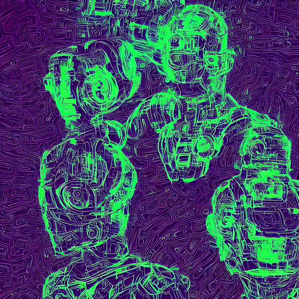 Prompt: photo of a black tshirt with a hyperdetailed futuristic trippy cyberpunk meditating robot head, 8 k, symetrical, flourescent colors, multicolored tshirt art,