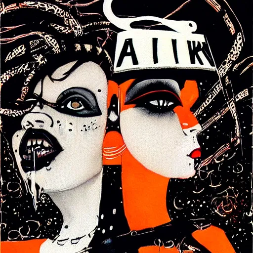 Prompt: post - punk cabaret album cover, black, white, orange, psychedelic, new age, magic, enki bilal