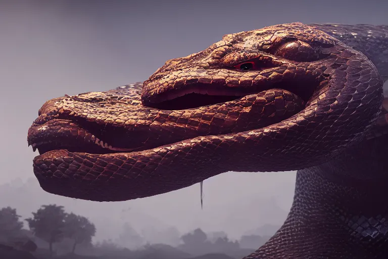 Prompt: amplified ritual engine, closeup portrait of colossal monster snake shrouded in fog, dramatic lighting, unreal engine, cgsociety, artstation, 4k