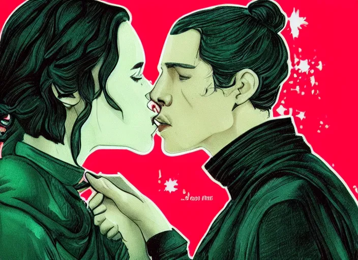 Image similar to reylo kissing, green american dollar bill!!!, rey and kylo ren