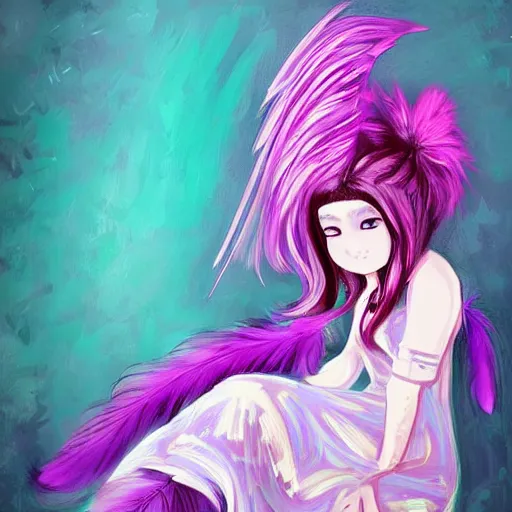 Image similar to little girl with eccentric pink hair wearing a dress made of purple feather, art by dcwj