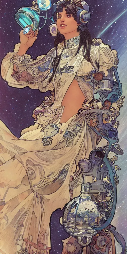 Prompt: a woman wearing outer space as a dress, pouring water from a vase into the milky way, by travis charest, by alphonse mucha, battle chasers.