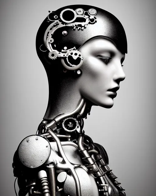 Image similar to black and white dreamy foggy poetic smoky profile face portrait, one silver steampunk realistic eye biomechanical beautiful angelic young female cyclope - cyborg - robot bust, body ribs meshes,, volumetric light, hibiscus flowers, by dora maar, rim light, big gothic fashion pearl embroidered collar, 8 k