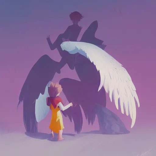 Image similar to Angel protecting child by james gilleard, very detailed, deviantart, artstation