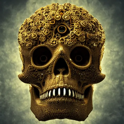 Image similar to fractal golden skull face, afro, third eye art art by machina infinitum, infinite intricacy, rendered in octane, mandelbulb 3 d, ambient occlusion, macro photography