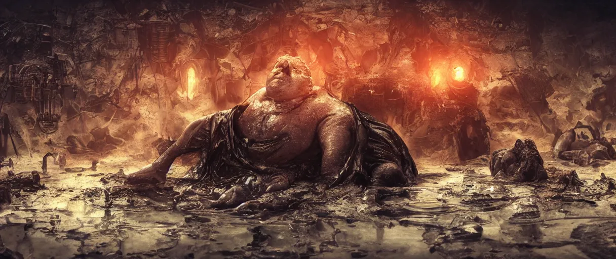 Prompt: baron harkonnen floats above a pool of the mods of stable diffusion immersed in black oil, screaming, as parts of the bodies melt into the oil like sludge, designed by moebius yasushi nirasawa, hdr, 8 k, bokeh, octane render, mist, sanitarium hrgiger background