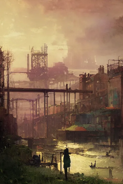 Prompt: Victorian factory by the river Thames painted by Beeple, grimshaw, thomas cole, ismail inceoglu, winslow homer, greg rutkowski, gerald brom, marc simonetti, simon stalenhag, anton fadeev, donglu yu