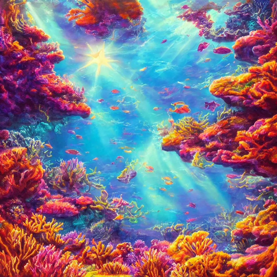 Image similar to underwater neon coral reef landscape magical realism painting with sun rays coming from above, neon pastel colors