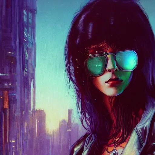 Prompt: molly millions, closeup portrait of a young beautiful cyberpunk woman, sunglasses, black hair in a rough shag, sunset, neuromancer, street samurai, cyberpunk city background, megacity, gorgeous view, depth, painted by seb mckinnon, high detail, digital art, painted by greg rutkowski, trending on artstation