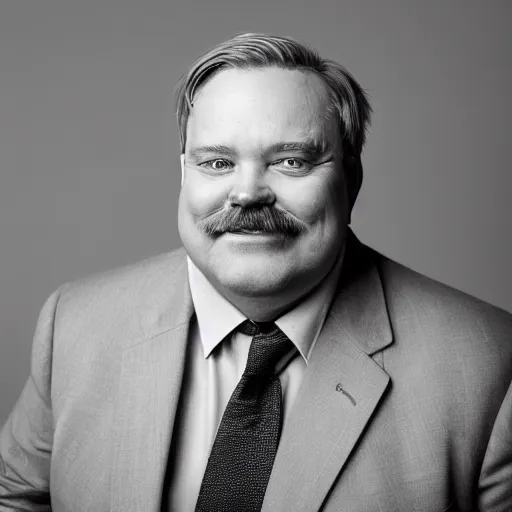 Prompt: sears portrait studio photo of a cheerful middle - aged german businessman, just slightly overweight, fairly attractive, short blonde hair and mustache