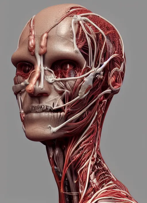 Prompt: a bust sculpture of anatomical female detailed cyborg, veins, ceramic base, orthographic, studio lighting