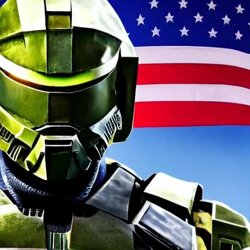 Prompt: a highly detailed photograph, donald trump wearing master chief's armour, standing in front of a massive american flag