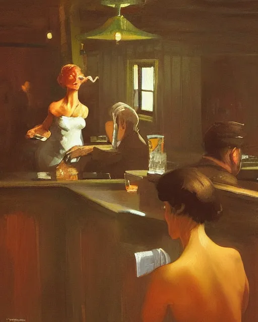 Image similar to a beautiful barmaid, dimly lit cozy tavern in the style of Francis Bacon and Syd Mead and Edward Hopper and Norman Rockwell and Beksinski, open ceiling, highly detailed, painted by Francis Bacon, painted by James Gilleard, surrealism, airbrush, Ilya Kuvshinov, WLOP, Stanley Artgerm, very coherent, art by Takato Yamamoto and James Jean