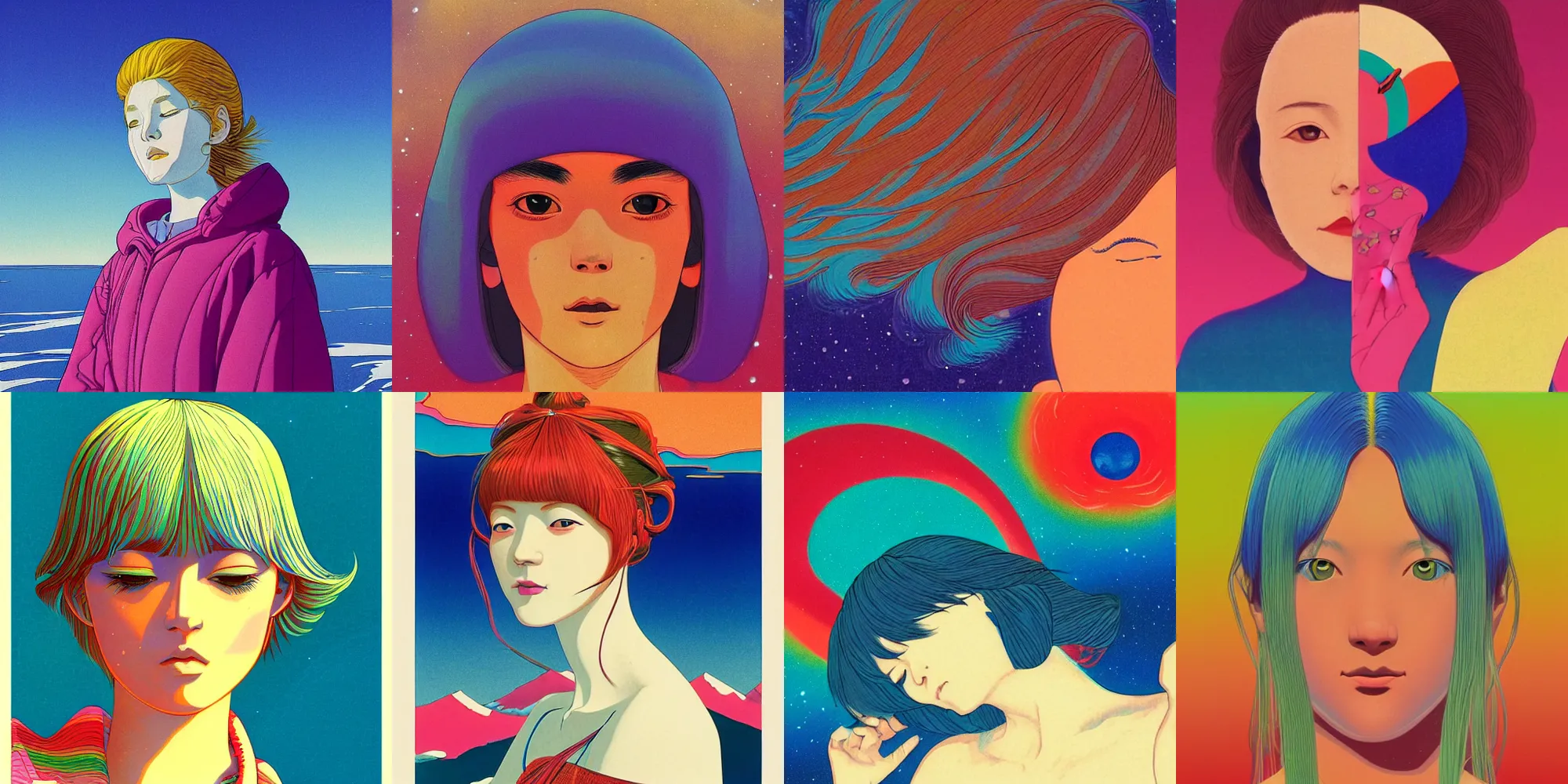 Prompt: a colourful closeup portrait of a young beautiful female, dreaming psychedelic hallucinations in the vast icy landscape of antarctica, by kawase hasui, moebius and edward hopper, colorful flat surreal design, hd, 8 k, artstation