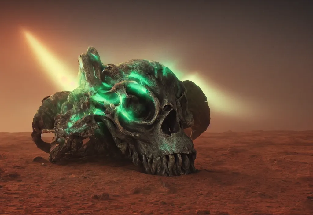 Prompt: eldritch animal alien skull in a dessert in mars, cinematic lighting, octane tender, volumetric light, dark - art