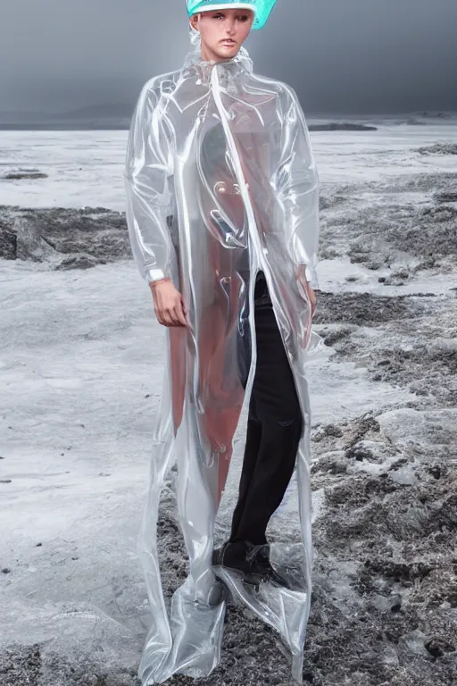 Image similar to an ultra high definition professional high fashion portrait studio full length photograph of a model wearing a transparent pearlescent raincoat and neon visor in an icelandic black rock environment at dawn. no artefacts. extremely detailed. stark. refraction. shallow depth of field. volumetric light and shadow. ray tracing. light rays.