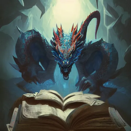 Image similar to blue dragon sitting on a hoard of books, fantasy, dnd, art by greg rutkowski