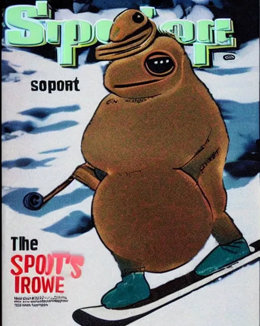 Prompt: pepe the frog snowboarding on cover of 2 0 0 5 sports illustrated magazine