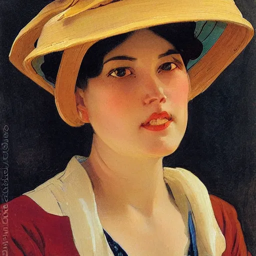 Image similar to frontal portrait of a woman wearing a rice hat, by j. c. leyendecker