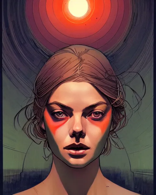 Prompt: in the style of Joshua Middleton comic art and Jules Bastien-Lepage, Samara Weaving, symmetrical face symmetrical eyes, full body, in an alleyway during The Purge, people fighting, night time dark with neon colors, fires