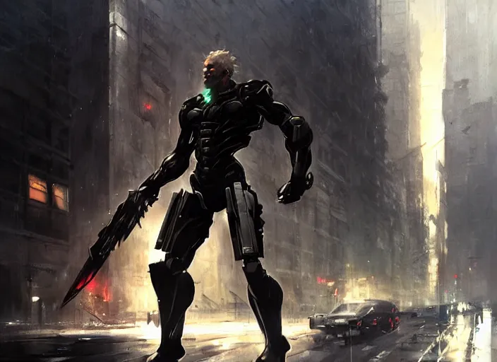 Image similar to samuel rodriguez from metal gear rising revengeance in the city by greg rutkowski