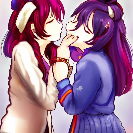 Image similar to athena asamiya and saori kido kissing, date, lesbian, trending on pixiv