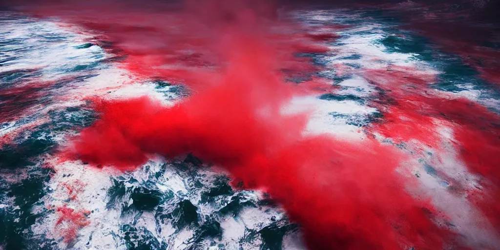 Image similar to a churning, boiling red sea with lots of smoky black and red steam, fantasy digital art, octane render, beautiful composition, trending on artstation, award-winning photograph, masterpiece