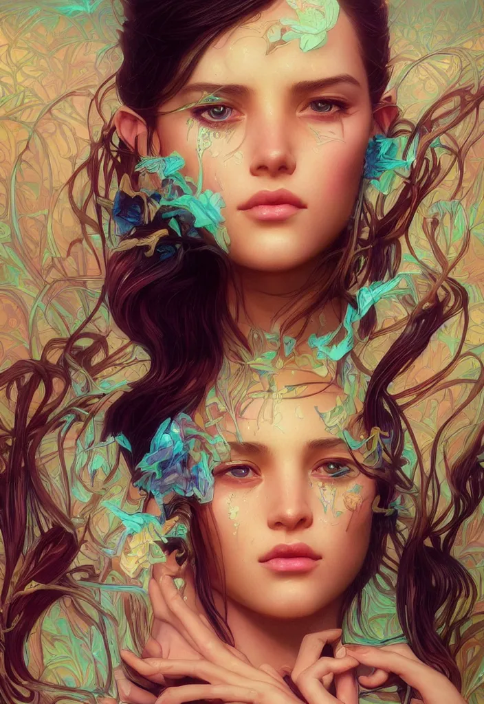 Image similar to beautiful, young woman, detailed gorgeous face, sad eyes, crying, vaporwave aesthetic, synthwave, colorful, psychedelic, artstation, concept art, smooth, extremely sharp detail, finely tuned detail, ultra high definition, 8 k, unreal engine 5, ultra sharp focus, illustration, art by artgerm and greg rutkowski and alphonse mucha