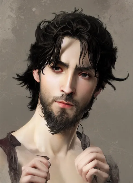 Image similar to character concept portrait of an attractive young seductive Spanish wizard with pale grey skin enchanting a seduction spell, a floating iridescent spell book in the center, intricate, elegant, digital painting, concept art, smooth, sharp focus, illustration, from Metal Gear, by Ruan Jia and Mandy Jurgens and William-Adolphe Bouguereau, Artgerm