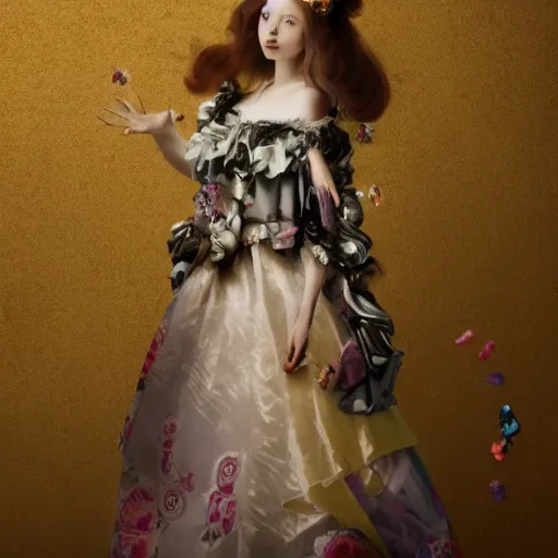 Image similar to 8 k, octane render, realism, tonalism, renaissance, rococo, baroque, portrait of a young - lady wearing long - harajuku manga - dress with flowers! and skulls, background chaotic gold leaf flowers, cotton candy!!!!!